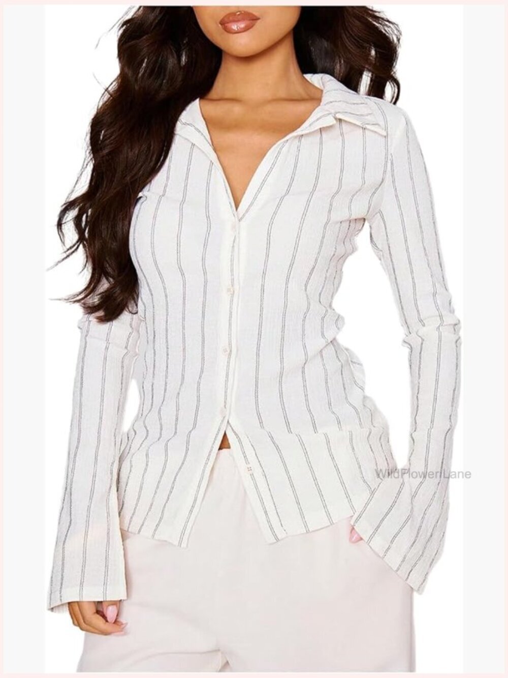 Striped Bell Sleeve Button Down Blouse Work Office Top
